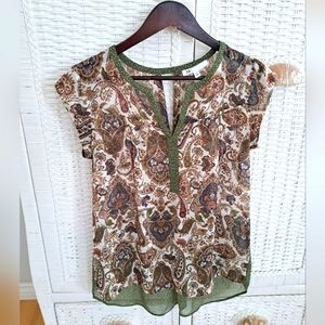 Paisley & Contrast Trim Olive & Neutrals Sheer Blouse Tunic Feminine DR2 Size XS